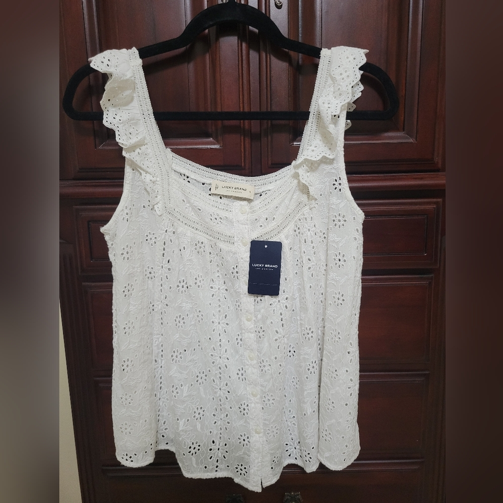NWT Lucky Brand White Eyelet Ruffle Tank Top